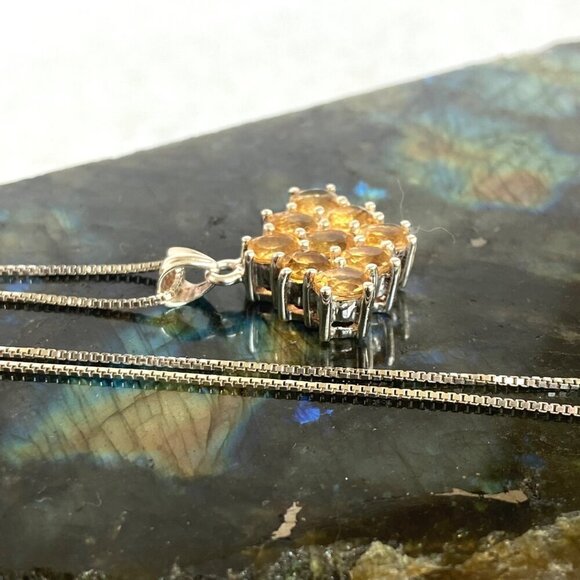 Sterling Silver 925 Prong Set Multi Gemstone Citrine Cluster Pendant Necklace - Picture 12 of 16